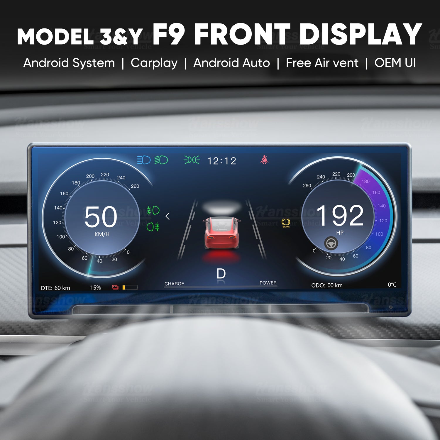 TesCyberMods Model 3/Y F9 9-Inch Touchscreen Dashboard Display with Carplay & Android Auto
